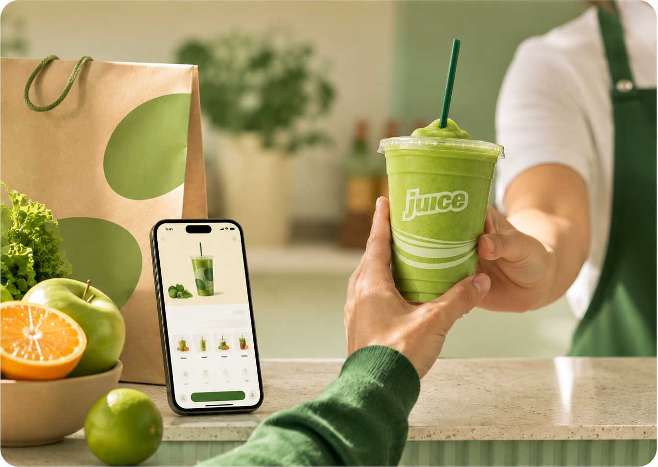 Juice team handing a fresh green smoothie to a customer ordering via the Juice app