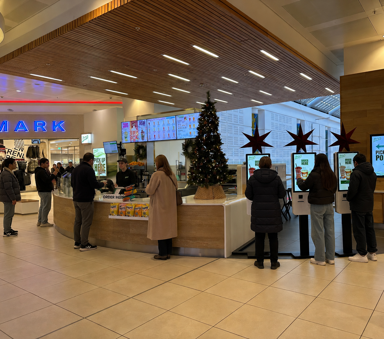 Juice store counter with customers ordering